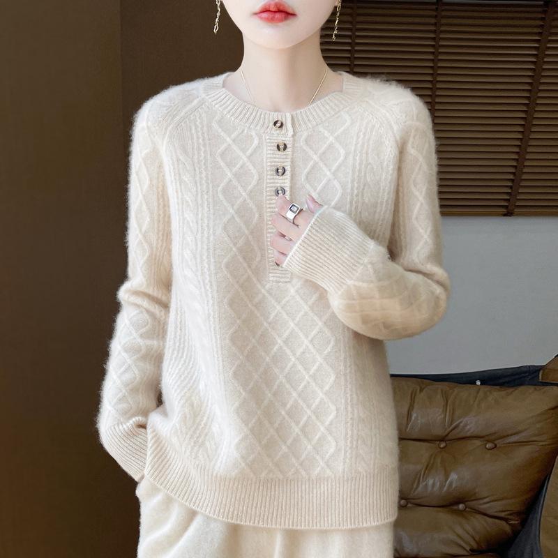 2025 Autumn/Winter Wool Knit Diamond Cable Base Layer Top - Cashmere, Thick & Soft