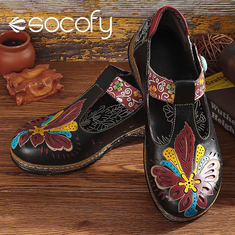 socofy vintage floral genuine leather splicing colored band stitching hook loop flat shoes