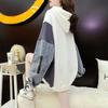 Denim Patchwork Hooded Sweatshirt, Fake Two-Piece, Mid-Length Loose Fit, 2025 Korean Style, Plus Size Pullover Hoodie