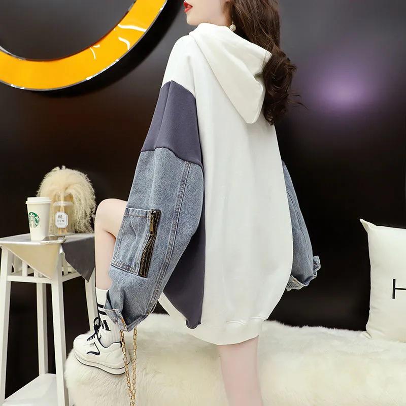 Denim Patchwork Hooded Sweatshirt, Fake Two-Piece, Mid-Length Loose Fit, 2025 Korean Style, Plus Size Pullover Hoodie