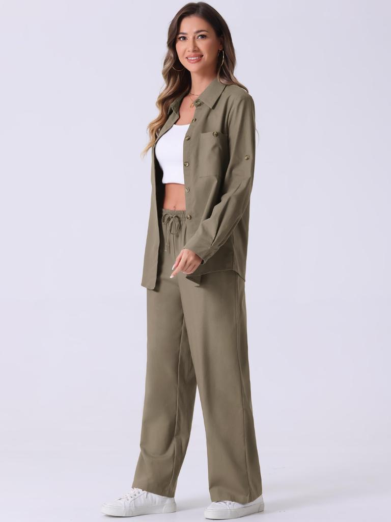 Allegra K Women's 2-Piece Linen Set: Button-Down Shirt and Drawstring Wide-Leg Pants, Gray-Green, Size L