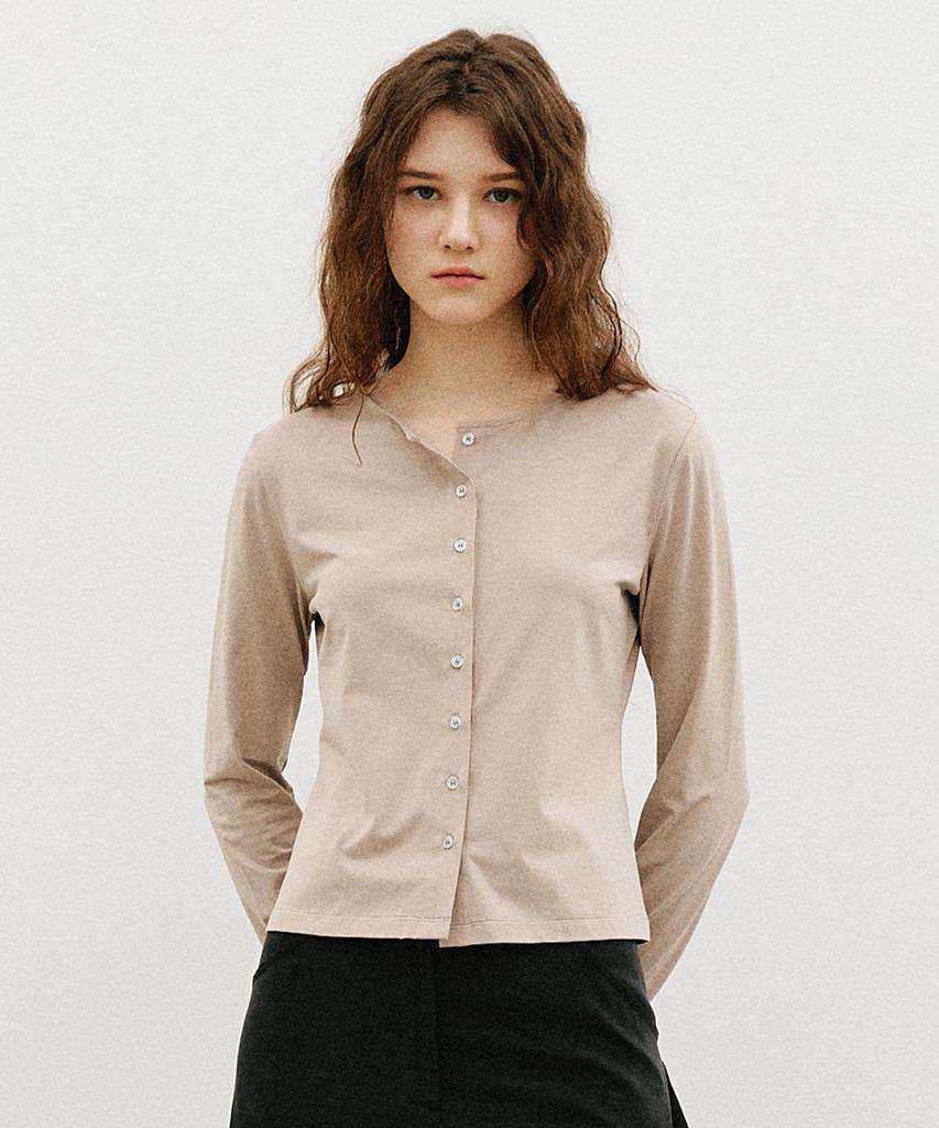 ARTID Boat Neck Open Button Long Sleeve T-Shirt_Beige
