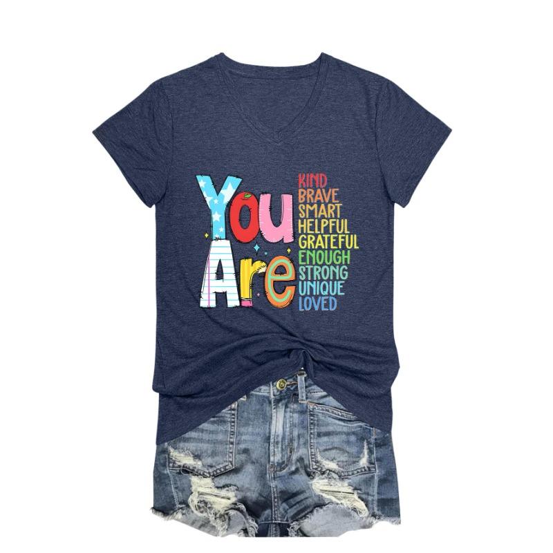 Summer V-neck Inspirational Text Printed Top Fashionable Casual Short Sleeved Women's T-shirts