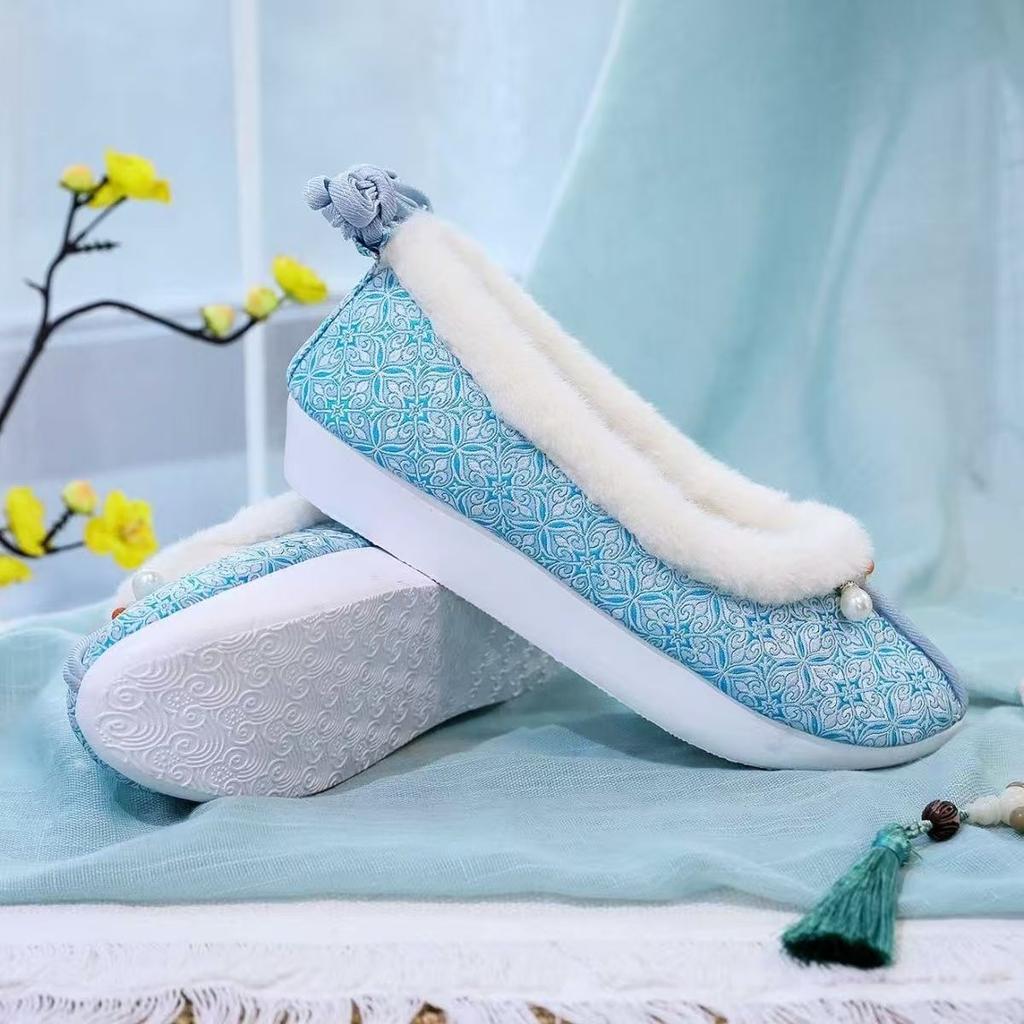 Women's Ethnic Style Shallow Flat sole Cotton Shoes Winter New Plush Keep Warm Ankle Strap Hanfu Shoes Cloud Ascending Shoes