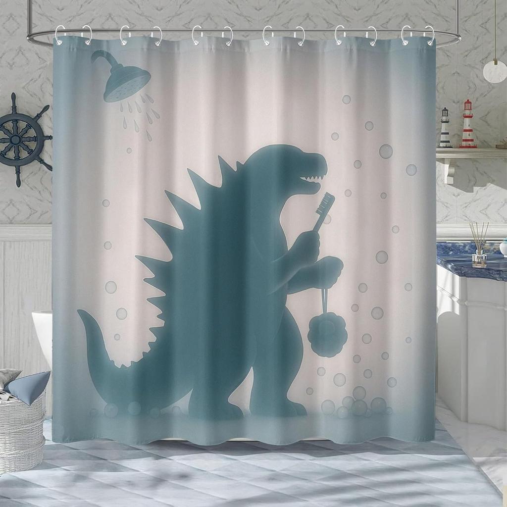 Funny Dinosaur Shower Curtain Fun Cool Japanese Monster Shower Curtains for Bathroom Kids Boys Cartoon Dino Silhouette Shadow