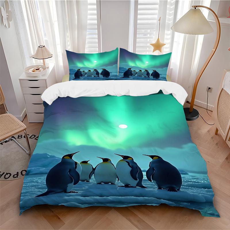 3pcs set Penguin Aurora 1 Quilt Cover + 2 Pillowcases, All Seasons Bedroom Setting, Perfect for Home and Dorm Decor, Soft and Machine Washab 135x200cm