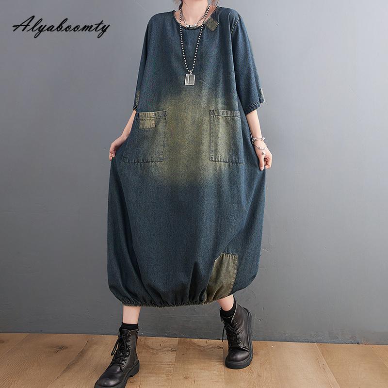 Plus Größe Frühling Sommer Frauen Denim Midi Kleid O Neck Patchwork Übergroßen Taschen Kleid Halbe Hülse Vintage Lose Kleid