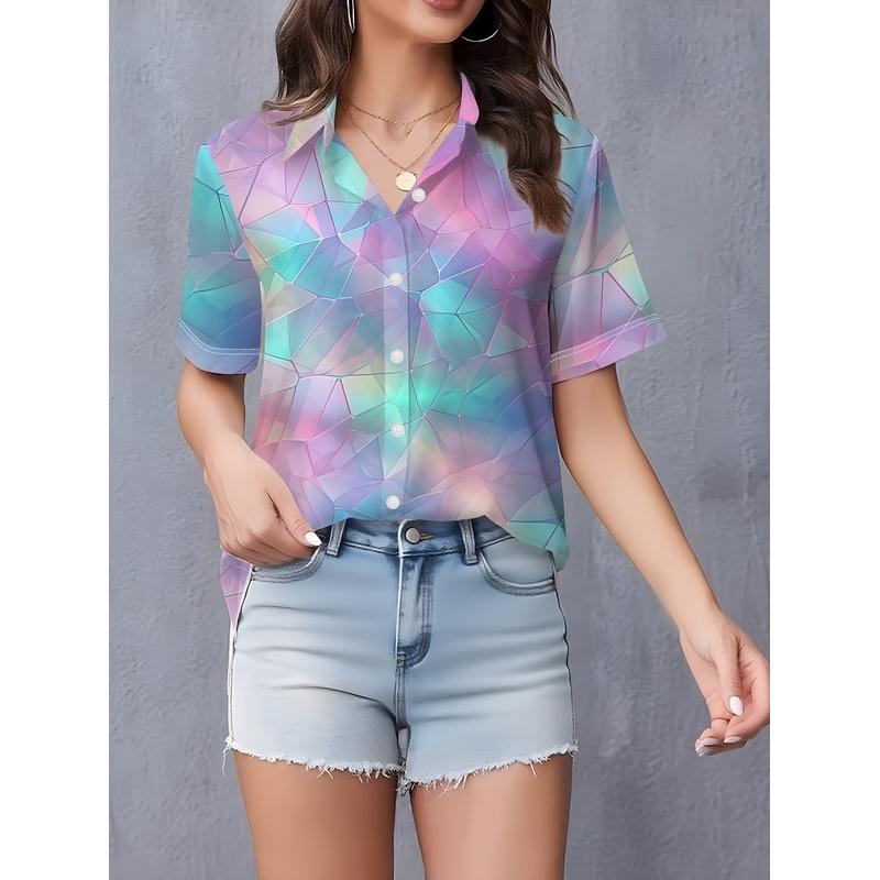 Women's Buttoned Short Sleeve Shirt Elegant Casual Minimalist Unique Colorful Radiating Collar Flattering Figure Stand Out