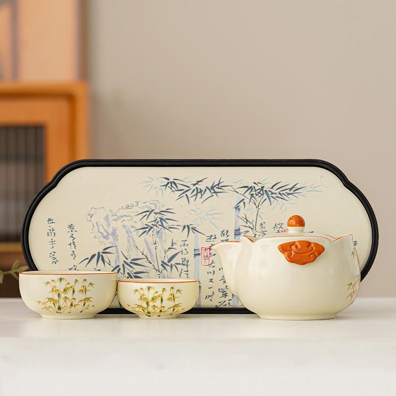 Simple gold silk bamboo rhyme binaural pot travel tea set outdoor camping portable tea set business souvenir