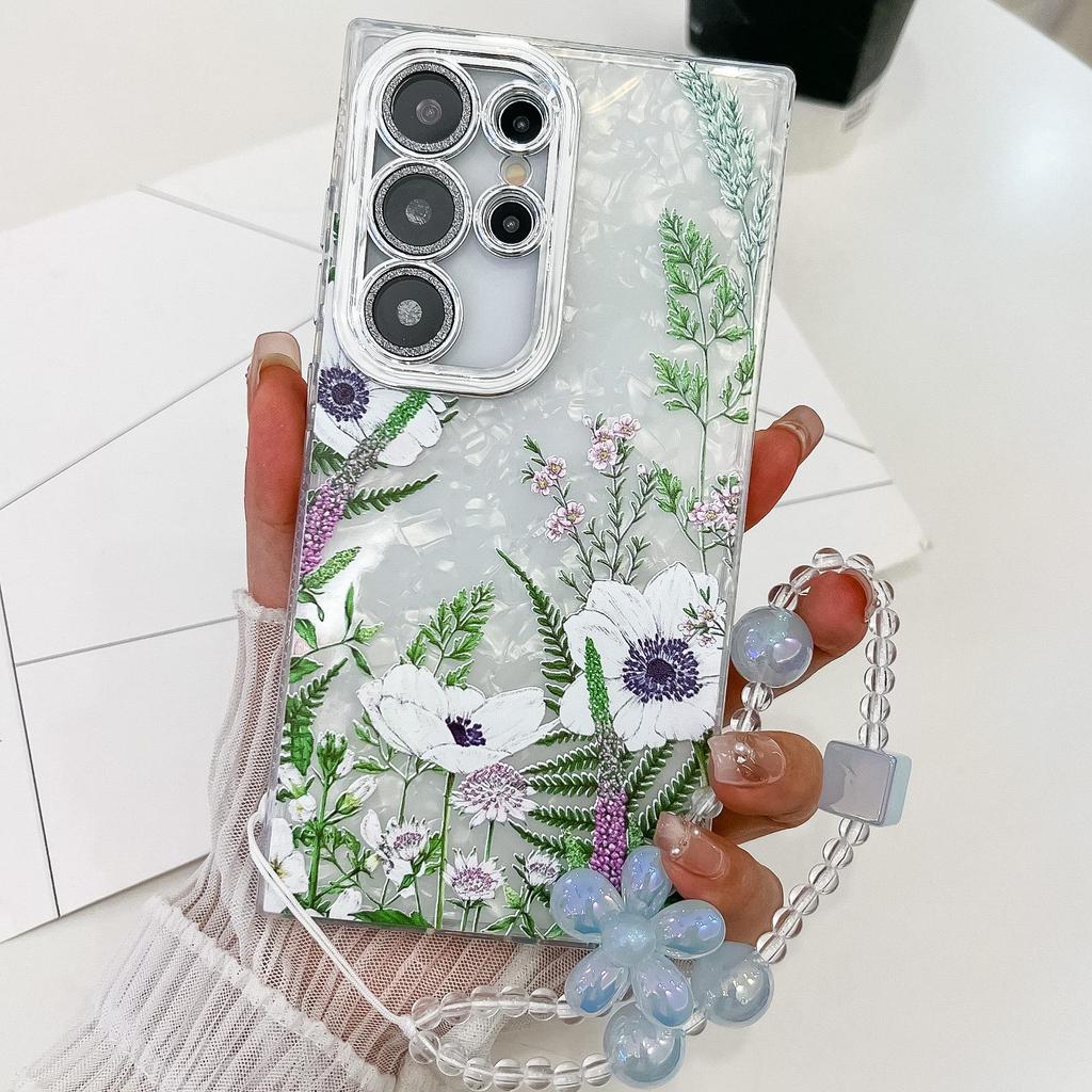 Samsung S25 Ultra Floral & Grass Lens Film Case - Full Coverage for S24 & A56, with Bracelet-style Protective Case