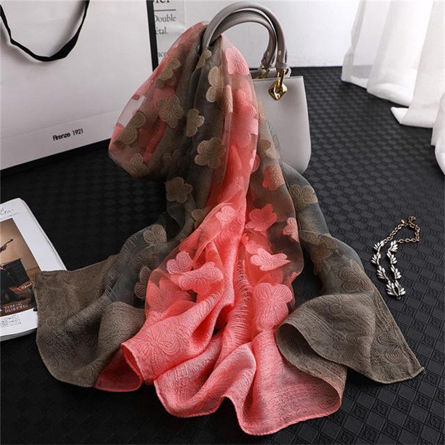 Double-Color Matching Women Scarf 70*190 Cm Female Fashion Cut Flower Hollow Petal Imitation Silk Wool Scarf Versatile Scarf