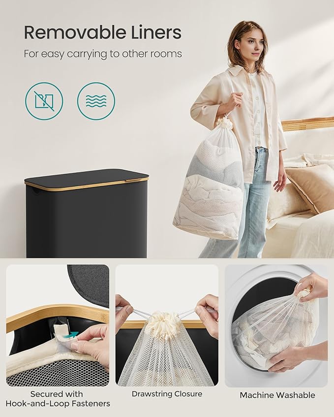 SONGMICS Laundry Basket with Lid, 3-Section Large Laundry Hamper, 150L, Removable Mesh Liner, Oxford Fabric, Bamboo Handles, Collapsible
