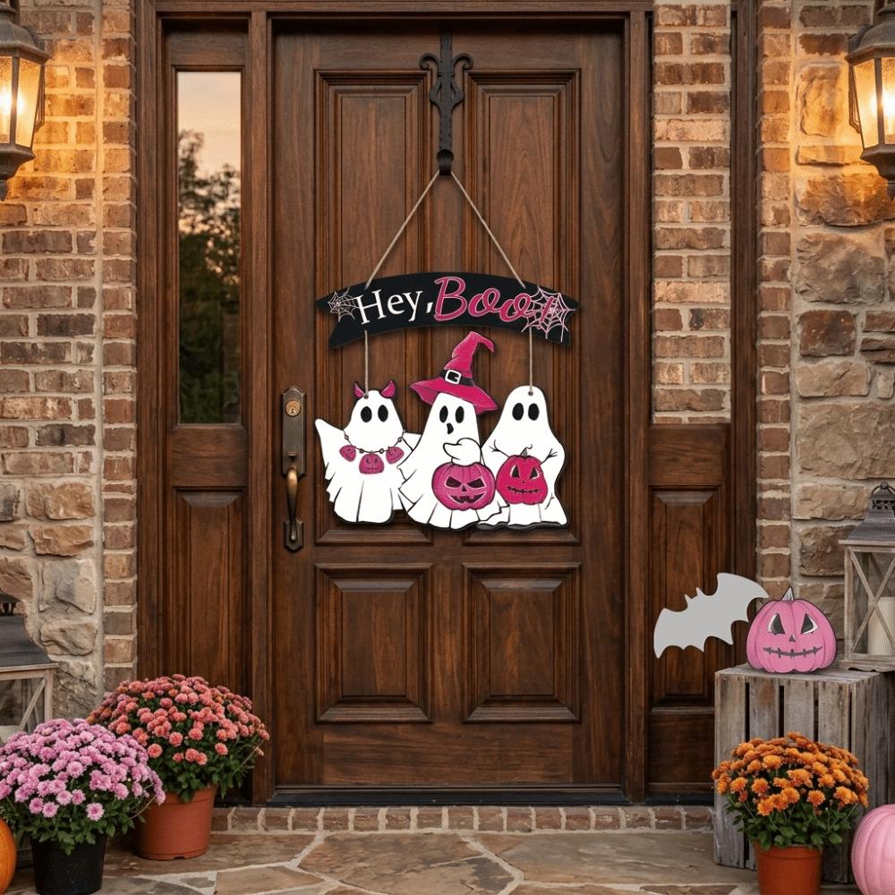 Wooden Halloween Ghost Door Sign Cartoon Haunted House Hanging Door Plate Halloween
