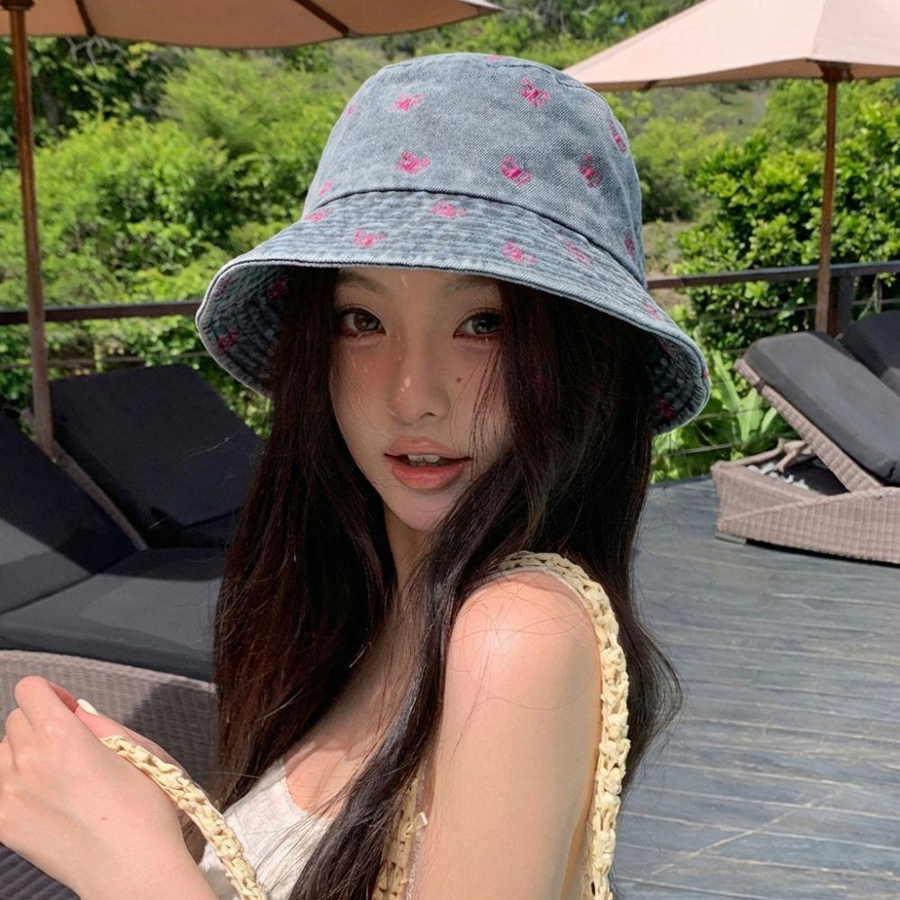 Windproof Butterfly Embroidered Cowboy Hat Retro Big Brim Sun Hat Fisherman's Hat  Autumn