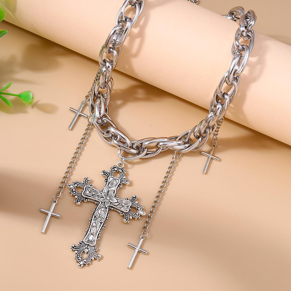 Cool Silver Color Cross Pendant Necklaces for Women Men Steampunk Choker Necklace Chain Streetwear Jewelry Gifts