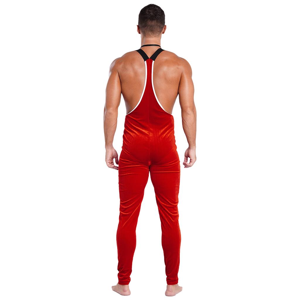 Men's Christmas Cosplay Jumpsuit Plush Ball Zipper with Bowknot Neckband Elastic Strap for Stage