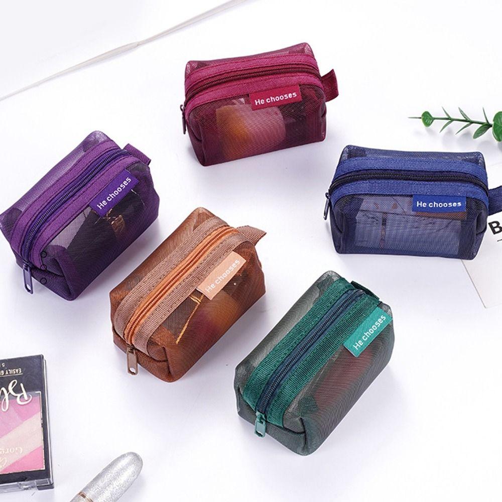 Zipper Mesh Makeup Bag Retro Color Toiletry Storage Bag Fashion Transparent Cosmetic Bag Lady