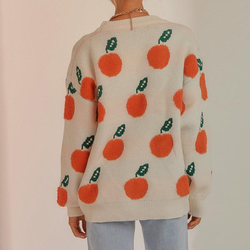 Autumn and winter new casual loose orange pattern round neck long sleeved knitted pullover sweater for women 3570 KTB