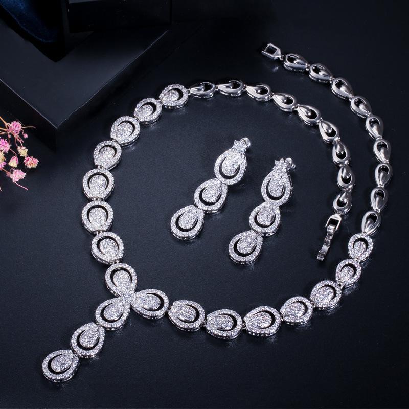 

T0136 Высококлассные длинные серьги-подвеска с микро-инкрустацией цирконами, комплект из двух предметов, аксессуары для свадебного банкета