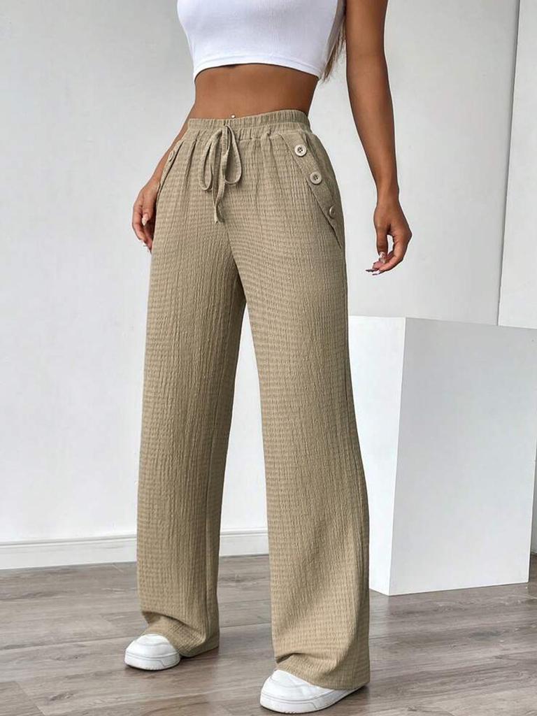 High-Waisted European and American Style Solid Color Drawstring Pants - Fashionably Casual, Comfortable Straight-Leg for Daily Wear