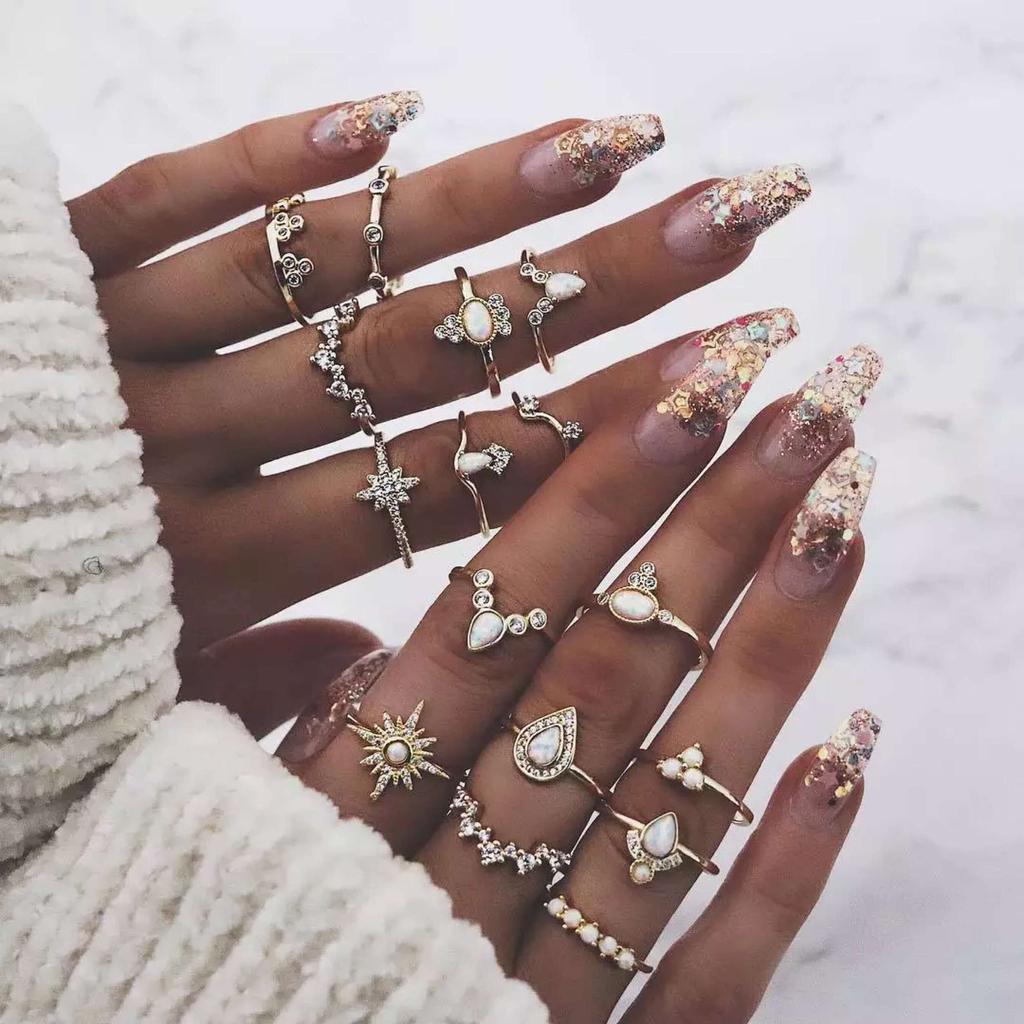 Women Boho Vintage Silver Color Big Stone Ring Set for Women Fashion Bohemian Jewelry 2019 New Hot