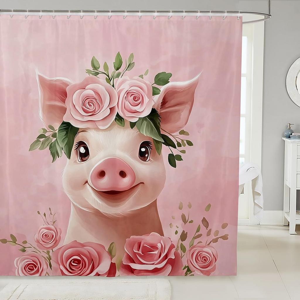 Boys Girls Pig Bath Curtain Cartoon Pigs Shower Curtain Kids Cute Farm Animal Bathroom Shower Curtain Set Butterfly Sunflower