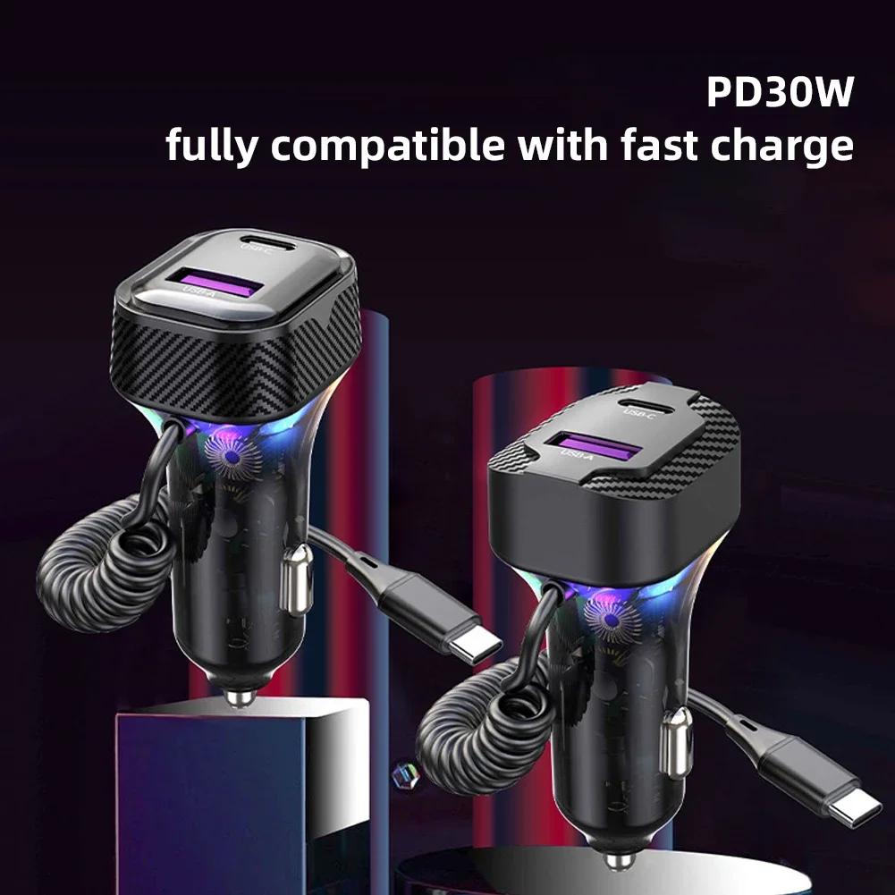 Car Fast Charger with Spring Wire Atmosphere Light Cigarette Lighter Converter PD 30W 3 Output 12V-24V for Mobile Phone Camera