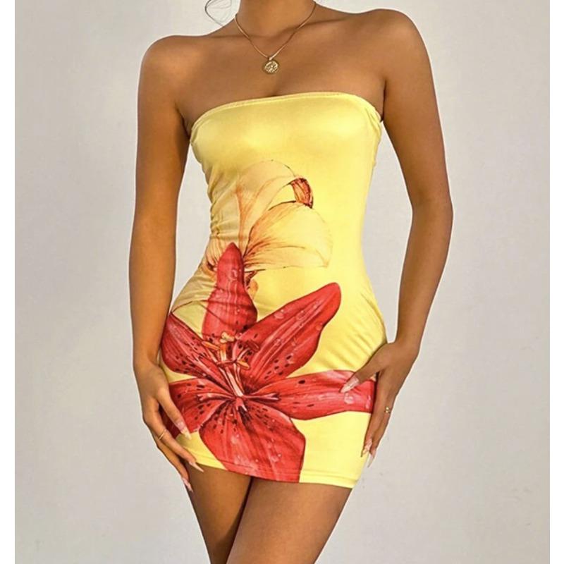 Summer Sexy Women's Strapless Floral Print Slim Hip-packing Short Dress