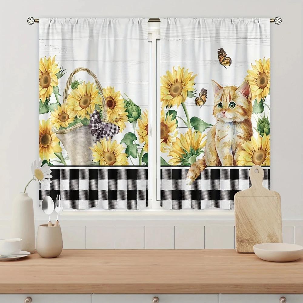 

2 шт. Новые современные свежие клетчатые подсолнухи цифровая печать украшения для дома кухня короткие шторы для спальни гостиная W60xH100(CM)x2pcs&Rod Pocket