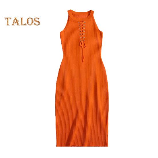 

Летнее женское платье с лямкой на шее, крестом, на шнуровке, с открытыми плечами, без рукавов, вязаное, высокая эластичность, с вырезами, чистый цвет, облегающее платье для вечеринок оранжевый