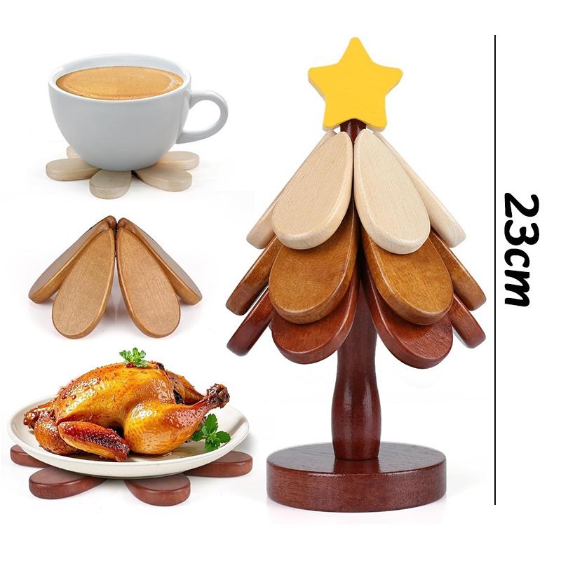 1Set Christmas Tree Shaped Insulation Mat Wood Dining Table Anti Scalding Mat Creative Home Decor Tea Cup Heat Insulated Mat Set