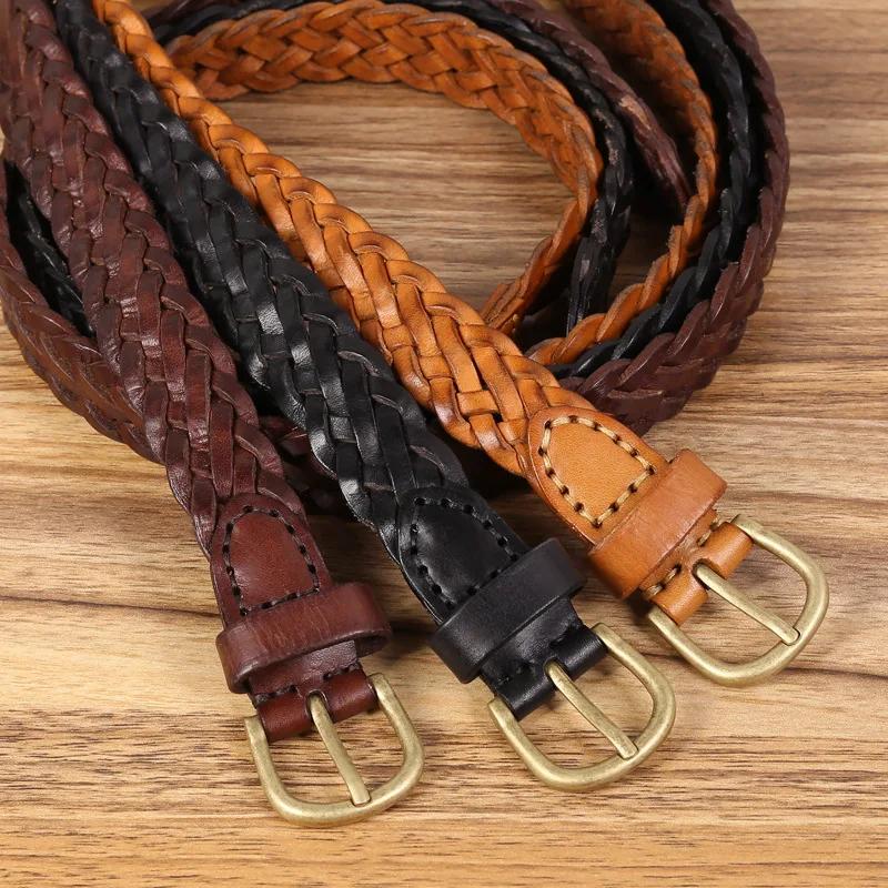 Popular 2.5cm Genuine Leather Woven Braided Belt Needle Buckle Cowhide Fashion Versatile Casual Daily Pants Belt