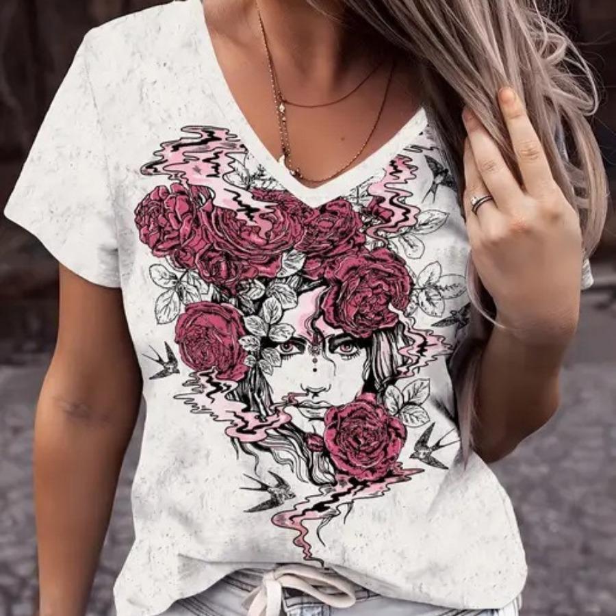 vintage women skull leopard print t shirt short sleeve v neck tops comfortable t-shirts