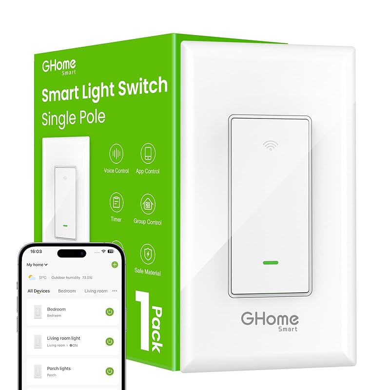 GHome Smart Switches for Lights, WiFi Smart Light Switch Works with Alexa and Google Home, Single-Pole, Neutral Wire Required, 2.4Ghz WiFi Light