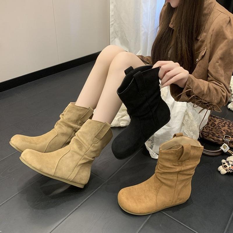 Vintage round head pleated medium tube women's boots suede small skinny boots women's sleeve knight boots