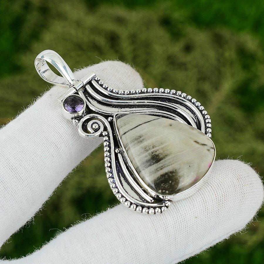 

925 Silver Natural Osolite Jasper Amethyst Handcrafted Wedding Pendant Jewelry