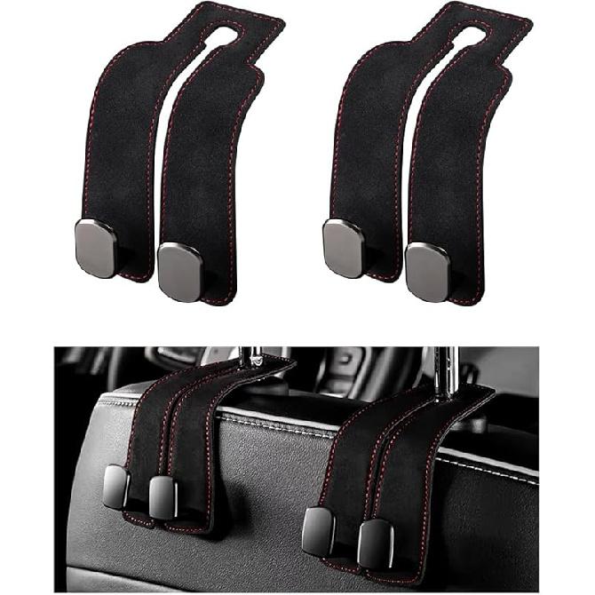 2 PCS Car Seat Headrest Hook, Back Seat Hanger with Double Flexible Leather Hooks, Soft Leather Double Headrest Metal Hooks Purse Handbag Organizer,