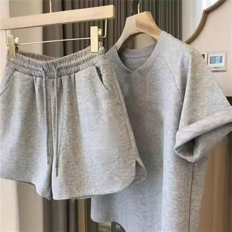 Women's 2025 Summer Korean Style Plus Size Casual Sportswear Set – Short Sleeve Top & Shorts for Running