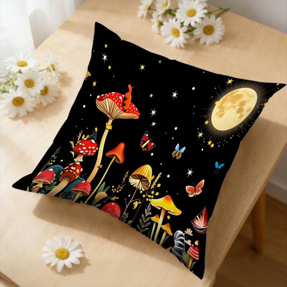 1Pc Fantasy Mushroom Moon Star Cushion Cover Black Printed Pillowcase For Sofa Bed Decorative Home Living Room Soft Breathable