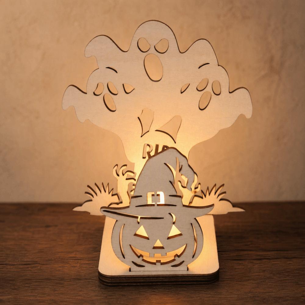 Wooden Material Wooden Candle Holder Shadow Projection Design Halloween Candlestick  Indoor Decor