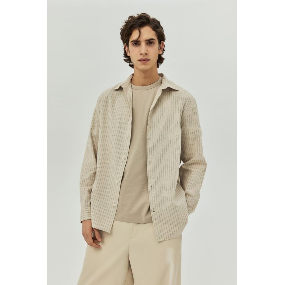 

Рубашка HM Regular Fit из смесового льна, бежевая полоска