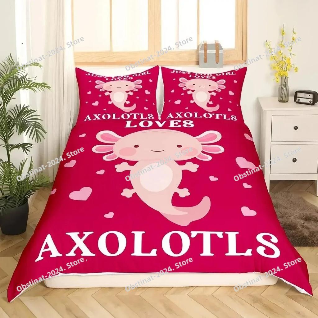 Cartoon Axolotl Duvet Cover Set KingQueen Size Kids Girls Boys Cute Rainbow Sea Wildlife Animal Reptile Polyester Bedding Set