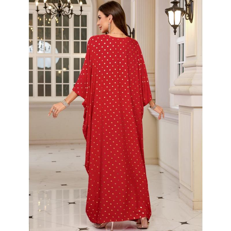 Women's Fashion Spring Fall Polka Dot Print Long Sleeve V-Neck Loose Waistline Casual Dresses