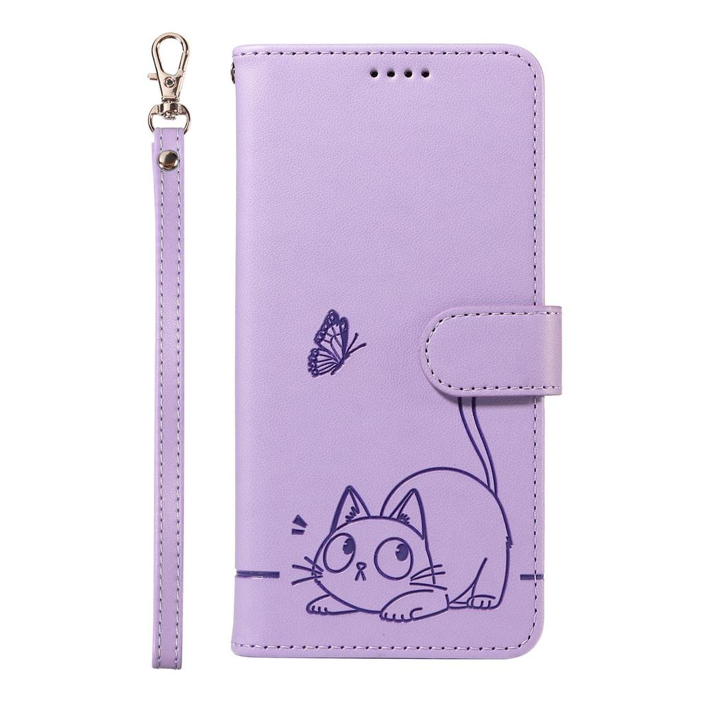 Leather Wallet Flip Case For OPPO A57S A77 A15 A15S A16 A16S A54S A17 A96 4G 5G Cat and Butterfly Embossed,Wrist Strap