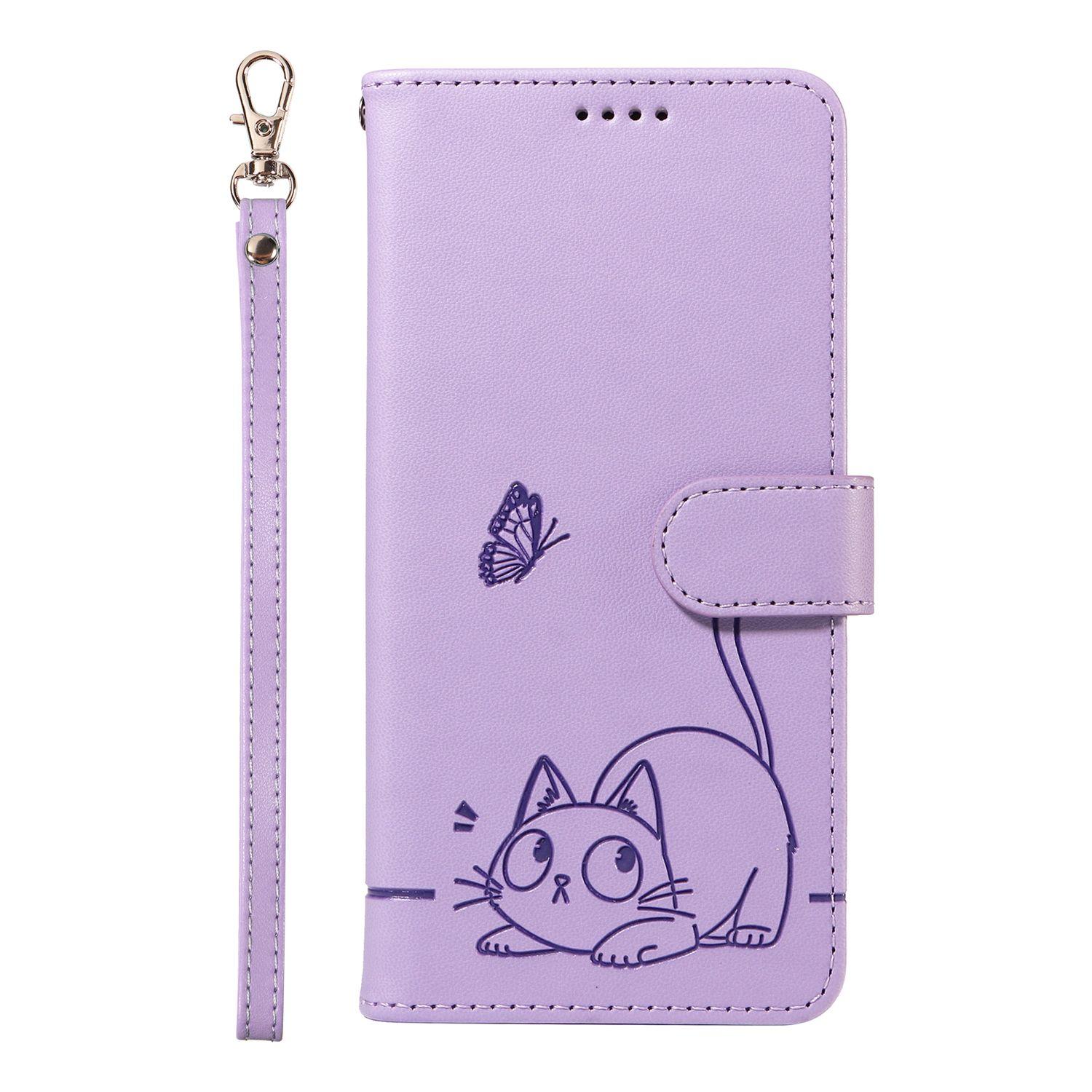 

Leather Wallet Flip Case For Samsung Galaxy M15 M55 M62 M35 M33 M53 M52 M56 M10 F15 F62 Xcover 7 5G Cat and Butterfly Embossed,Wrist Strap Galaxy XCover7 фиолетовый