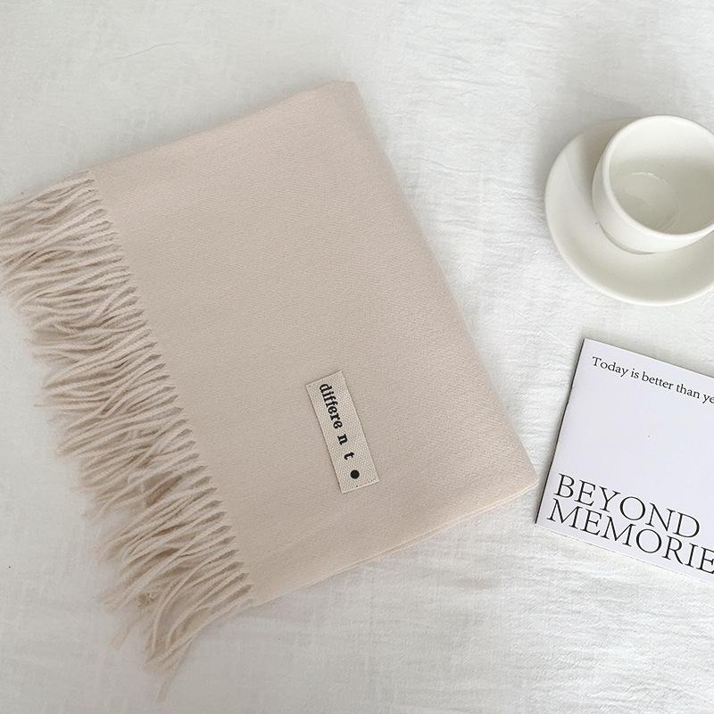 Flowing Fringe, Color-blocked, Simple Design, Faux Cashmere-like Scarf, Winter-thick, Cape-style, Student-friendly, Solid Color.