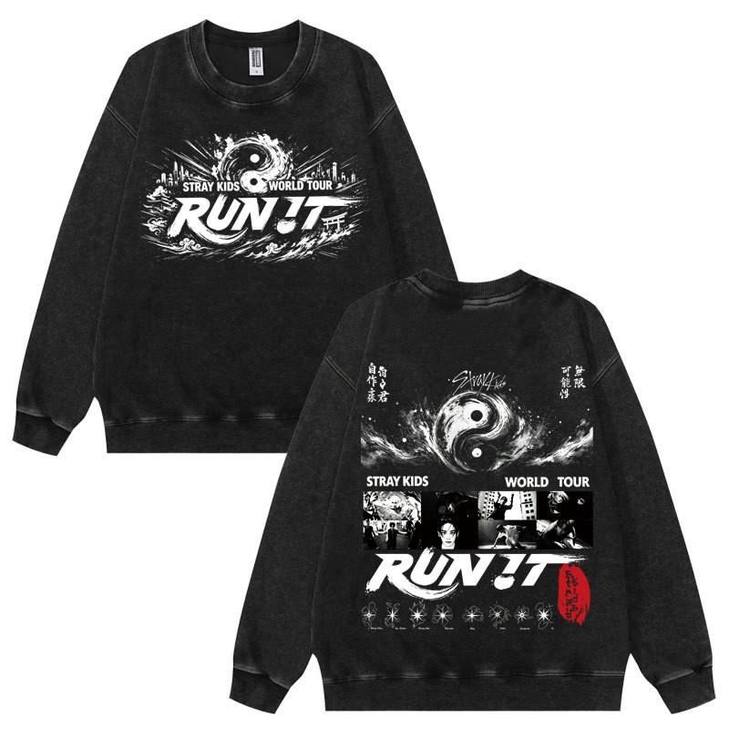 Washed Stray Kids World Tour Run It Skz Graphic Crewneck Sweatshirt Teens