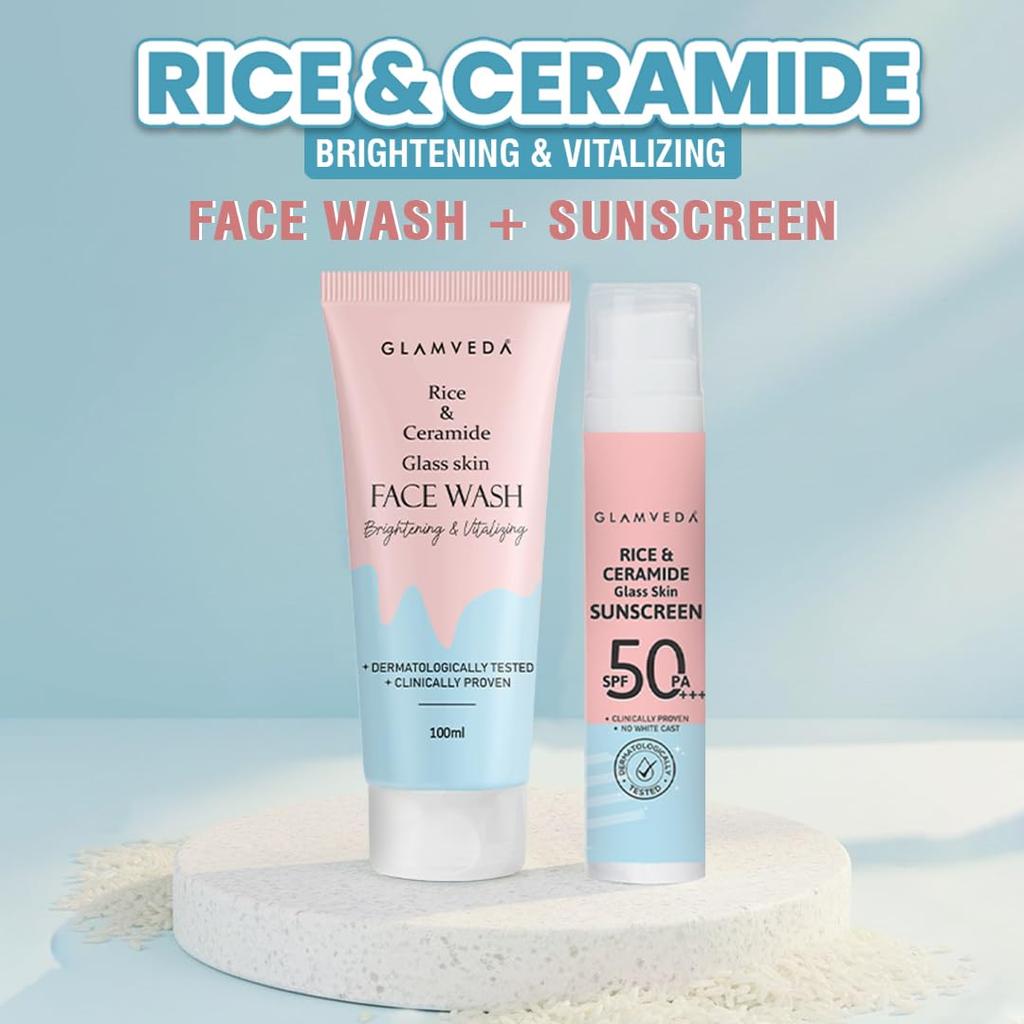 Glamveda Korean Rice & Ceramide Face Wash & Sunscreen SPF 50 PA+++ Combo | Skin Brightening, Hydrating & Barrier Repair | For Dry & Sensitive Skin