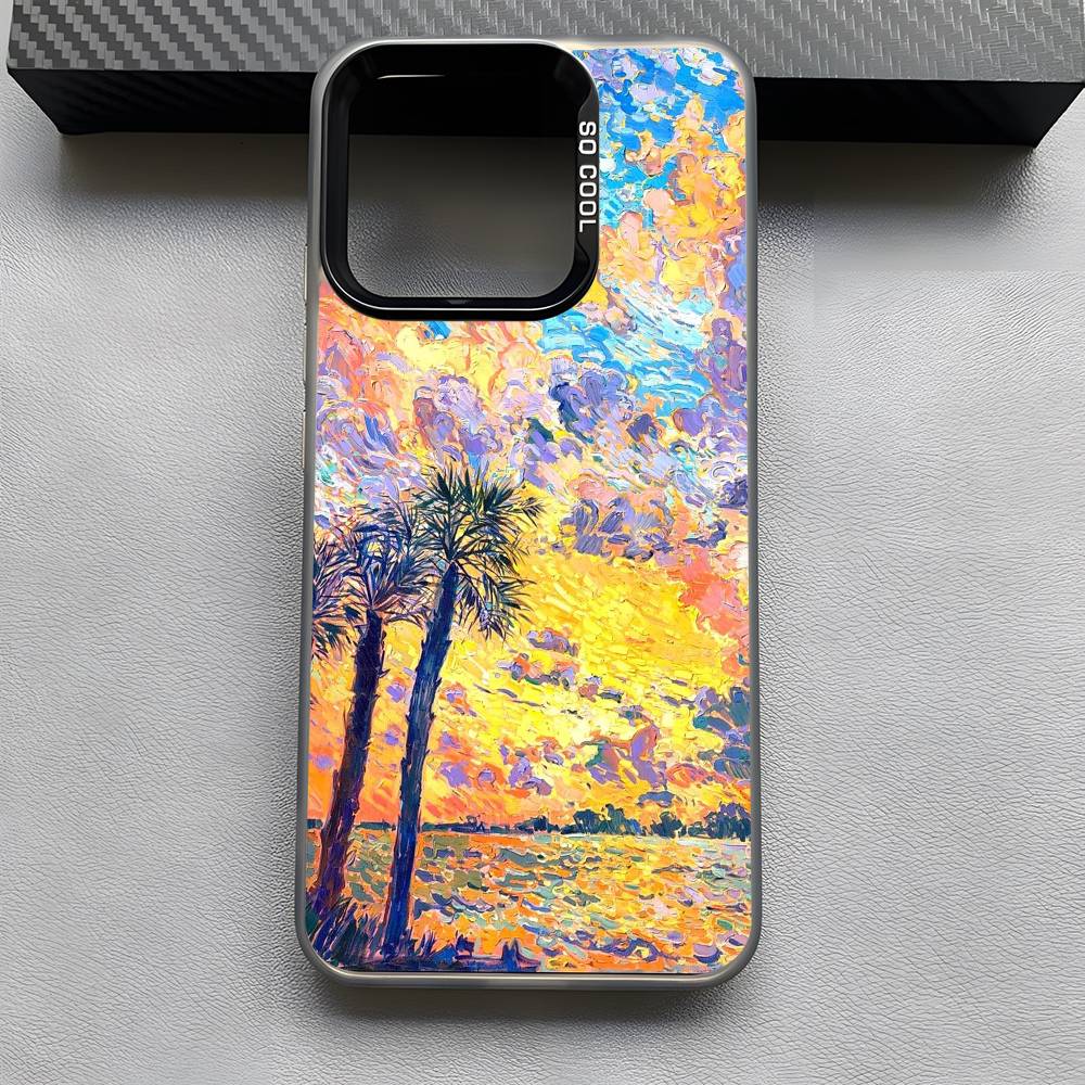 Bunte Ölgemälde Landschaft Handyhülle Für iPhone 16 15 14 13 12 11 Pro Max Grau Schwarz Handyhüllen Matt Laser Metallisch Aurora Funda