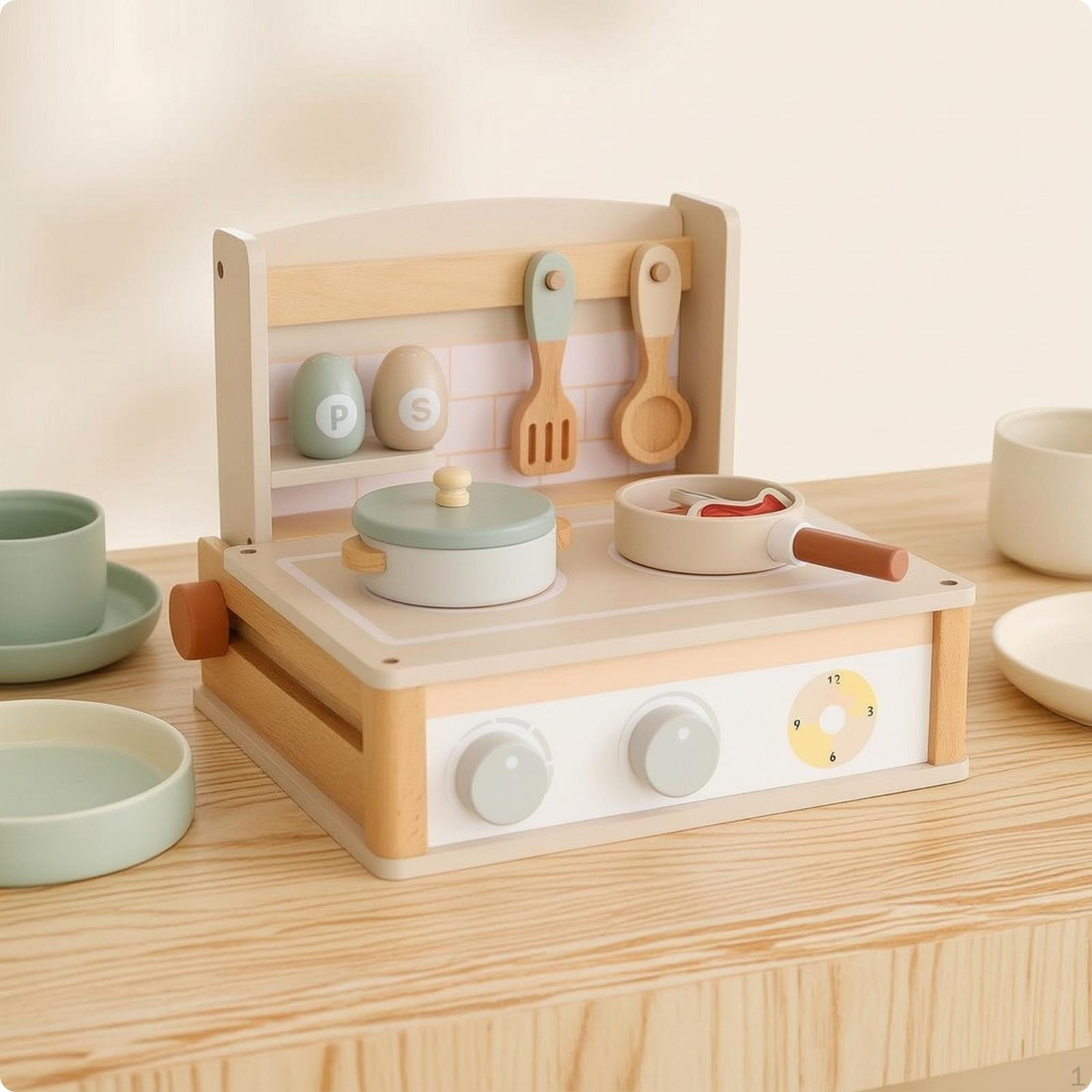 Tabletop Culinary Play Set Pretend Wooden Kitchen Playset Compact Cooking with Utensils for